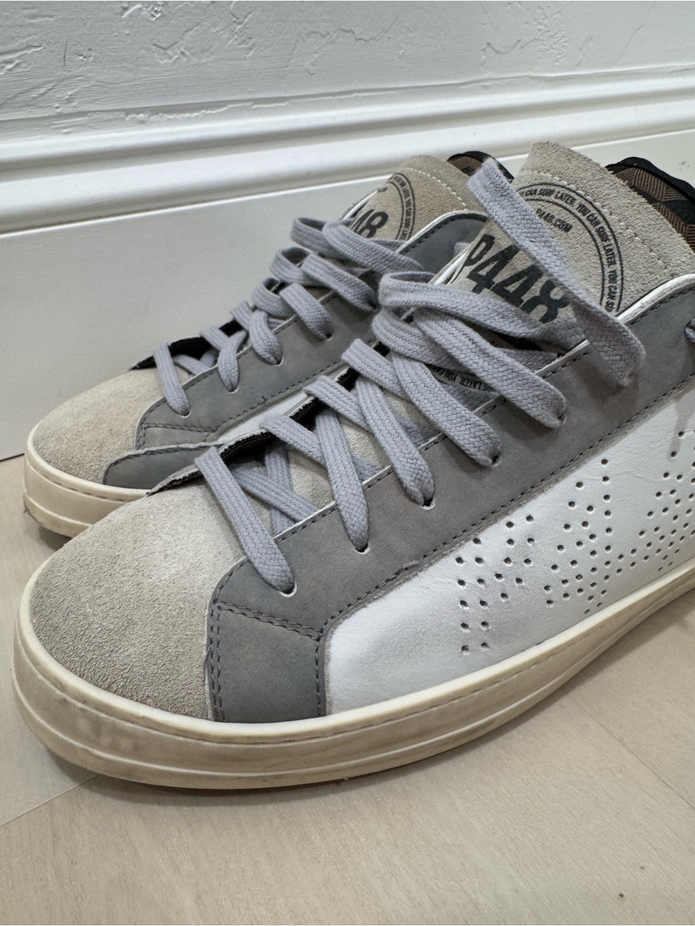 P448 Low Top Sneaker White Grey Leather Suede Men's 44 = US 10.5-11 - Picture 7 of 14